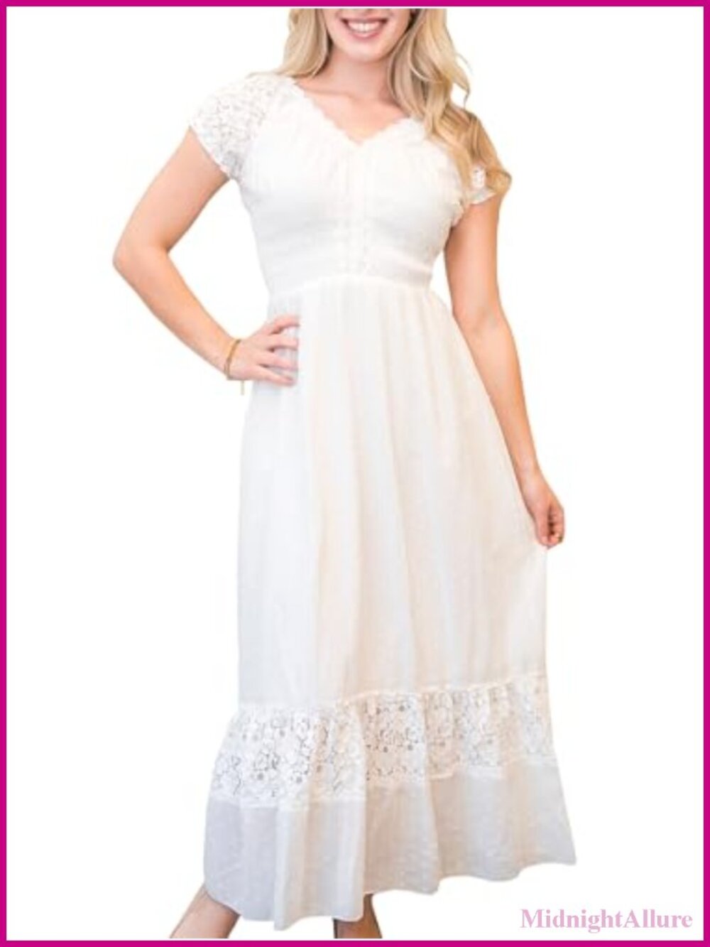 Renaissance Peasant Maiden Boho Maxi Dress Cap Sleeve Lace Trim Cotton Blend